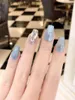 False Nails Handmade Blue Glitter Press On Nail Rhinestone Cat Eye Medium Coffin Short Full Cover Professional Manicure