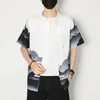 Camisas casuales para hombres Camisa de verano Hombres Estilo chino Impresión de manga corta Cuello de soporte Botones vintage Ropa fina y suave de calidad Tamaño grande