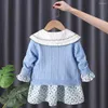 Meisje Jurken 2023 Spaanse Baby Meisjes Outdoor Kleding Set Voor Herfst Kinderen Blauw Gebreid Vest Borduren Bloemen Jurk Kinderoutfits