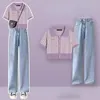 Dwuczęściowe spodnie damskie Sumny dżinsowy garnitur 2023 Słodki pikantny wiatr fioletowy kruche dzianinowe koszula polo dwuczęściowy top
