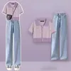 Calças femininas de duas peças verão casual denim terno 2023 feminino doce vento picante roxo xadrez camisa polo de duas peças