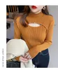 Maglioni da donna Collo a lupetto Maglione pullover a coste ritagliato Donna Primavera Autunno Manica lunga Maglia sottile aderente Top Nero Bianco Blu Coreano