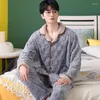 Men's Sleepwear Winter Thickened Pajamas For Men Coral Fleece Sets Warm Long Sleeve Trousers Jacquard Cardigan Nightwear Homewear