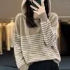 Kadın Sweaters 2023 Sonbahar Kış Kış Saf Sweater Uzun Kollu Külot Kapşonlu Çizgili Yün Gevşek Yaşa Azaldıran Örgü Üst