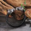 Cool Rvs Dubbele Wolf Hoofd heren Armbanden Armbanden Kwaliteit Zwart Lederen Armband Mannen Pulseras Sieraden Gif3116