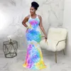 Casual Dresses Rainbow Tie Dye Print Summer Mermaid Long Dress Women Sleeveless Back Cut Out Party Elegant Female Bandage Bodycon188l