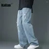 Jeans masculinos Kakan - Estilo Europeu e Americano Ruffled Bonito Corte Reto Juventude Solta Encaixe Perna Larga Longo K29-K71