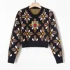 Women's Sweaters 2023 Jacquard Pullover Jumper Women O-neck Long Sleeve High Waist Chic Short Sweater Cropped Tops Knitwear Jersey