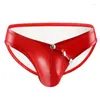 Underpants Sexy Men PU Faux Leather Panties Low Waist U Convex Pouch Underwear Button Open Exotic Gay Lingerie Jockstrap Sissy