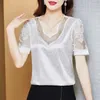 Women's Blouses Black Vintage Silk Ladies Office V-Neck Pullover Chic Top Loose Elegant Shirt Lace Short Puff Sleeve Sexy Blouse