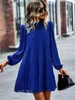 Abiti casual 2023 Primavera A-line Mini abito allentato Donna Ruffle Mezza collo alto Manica a farfalla Vestido blu da donna