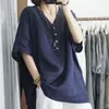 Kvinnors blusar grå blå vit skjorta avslappnad lös kvinnor blus vintage v-ringning bomullslinne skjortor elegant sommar topp koreansk blusa