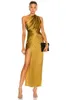 Casual Dresses One Sloping Shoulder Satin Corset Dress For Women 2023 Sexy Slit Vintage Luxury Elegant Party Formal Occasion Gold Robe