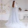 Sexy Luxury Long Dubai Arabic Evening Dresses V Neck Sleeveless Tulle Sequined with Feather Cape A Line Sweep Train Formal Gowns