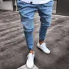 Mens Super Skinny Light Blue Jeans Diseñador de moda Plisado Paneles Denim Joggers Lavado Stretch Biker Lápiz Pantalones Trousres292s