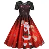 Sıradan Elbise Noel Elbise Kadınlar 2023 Sonbahar Kış Vintage Party Cosplay Kostümleri Kısa Kollu Noel Baba Baskı Xmas