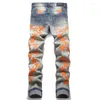 Men's Jeans Style Brand Orange Star Patched High Street Ripped Male Stretch Slim Denim Pants Retro Blue Trousers