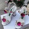 Sandales d'été femmes cristal racine carrée rouge gemme strass talons hauts chaîne bout pointu Slingback boucle chaussures de mode