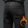 Мужские джинсы, зимние бархатные черные облегающие эластичные утолщенные теплые джинсовые брюки, деловые повседневные модные красивые брюки