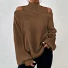 Kvinnors blusar Loose Pullover Top for Women Solid Color Chic Off Shoulder Stylish Hollow Out Rhombus Fall