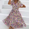 Vestidos casuais uma linha boêmia senhoras verão venda floral v pescoço manga curta com cinto plissado hem mulheres midi vestido mulher roupas