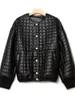 Women's Jackets Women Checkered Quilted Leather Down Coat Ladies O-Neck Long Sleeve Single Breasted Short Jacket Autumn Winter 2023