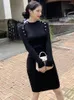 Vestidos casuais outono coreano para mulheres bainha de malha 2023 moda vintage cintura alta botão manga longa magro suéter bodycon vestido de festa