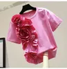 Kvinnors T-skjortor Vanovich tredimensionell blommor T-shirt Kvinna 2023 Summer Korean Style Slim Personality Stitching Edible Tree