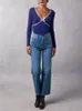 Frauenpullover Frauen Langarm Baumwolle Slim Pullover Bowknot Tiefer V Gespleißt Weibliche Blaue Bodenbildung Strickwaren Tops Herbst 2023