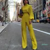 Fashion- Women Spring Fashion Elegant Office Lady Workwear Casual Long Jumpsuits High Neck Lantern Sleeve Wide Leg Overalls291u