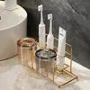 Toothbrush Holders Bathroom Storage Rack Iron Art Wall Mounted Toothbrush Holder Luxury Gold Washroom Mouthwash Cup Organizer Bathroom Accessories 231013