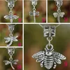 Dragonfly Bee Big Hole europeiska pärlor 100 st parti 6stylar Ancient Silver Fit Charm Armband smycken DIY302A