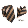Boyun bağları hi-tie iş kahverengi çizgili kravat erkekler için siyah ipek erkekler kravat klipsli hediye lüks kravat hanky cufflinks set resmi elbise 231013