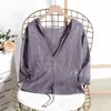 Camicia da donna in maglia di lino lavorata a maglia con cappuccio aria condizionata camicia estiva in stile coreano sciolto cardigan di protezione solare legato in puro colore