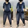 Kvinnors tvåstycksbyxor 2024 Autumn Hooded Qdenim Jacket kostymer bär denimrock modeuppsättning Spring Casual Jeans Tvådelar