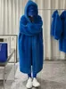 Women's Fur UCXQ Autumn 2023 High Quality Long Oversized Warm Thick Blue Fluffy Faux Coat Women With Hooded Jacket Female 23A2398