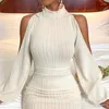 Lässige Kleider Wepbel Beige, figurbetontes Kleid Frauen Jacquard Langarm Off-Shoulder Rollkragenpullover Enge einfarbige schlanke Hülle Midi