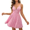 Casual Kleider Frauen Französisch Stil Kleid Pailletten Rosa Sommerkleid Sexy V-ausschnitt Hosenträger Elegante Plissee Mini Abend Party Nacht Kleid