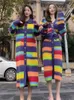 Urban Sexy Dresses Rainbow Striped Knitted Dress for Women in Autumn and Winter French High-end Feel Paired with Dopamine Long Sweater Skirt 231017