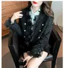 Women's Jackets Spring Fall Women Sweet Ladies Double Breasted Buttons White Black Ruffles Patchwork Jacket Coat Autumn Elegant Woman Coats