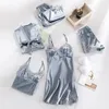 Kadın pijama ipek saten 5pcs dantel çiçek dişi pijamalar setler seksi v yaka kayış gecelik bahar sonbahar elbisesi gevşek gece giysileri