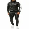 Männer Trainingsanzug PU Patchwork Sweatsuits Männlichen Sets Herbst Winter Sport Tragen Lange Hülse Track Anzüge Männer Trainingsanzug Hosen NEW270H