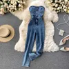 Women's Jumpsuits Rompers Amolapha Women Sexy Button Strapless Slim Denim Jeans Jumpsuits OutfitL231017