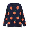 Women's Sweaters OMCHION Knitted Tops Femme 2023 Casual Loose Orange Pattern Oversized Sweater For Women Round Neck Long Sleeve Pullover