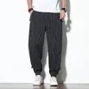 Pantalons pour hommes Style japonais Summer Section mince Stripes Harem Hommes Coton Mode Disque Boucle Linge respirant Plus Taille 5XL
