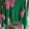 Damenpullover Hikigawa Lässige Kontrastfarbe Blumenjacquard Damen O-Ausschnitt Langarmpullover Süße ausgehöhlte Pullover Tops Mujer