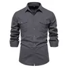 Camicie Casual da uomo camicia da taschino in cotone per uomo tinta unita Slim manica lunga stile coreano 2023 top militare autunnale