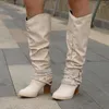 Yüksek kare katı sivri ayak parmağı kadın botları sığ 2024 topuk diz boyu kadın platformu Zapatos de Mujer deri diz- 631 400