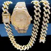 Catene 3 pezzi Orologi ghiacciati per uomo Orologio in oro 15mm Bracciale a maglie cubane Collane con diamanti Gioielli Hip Hop Uomo Orologio253M