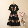 Vestidos de pista europeus e americanos roupas femininas outono novo vneck manga curta flor bordado moda vestido preto xxl